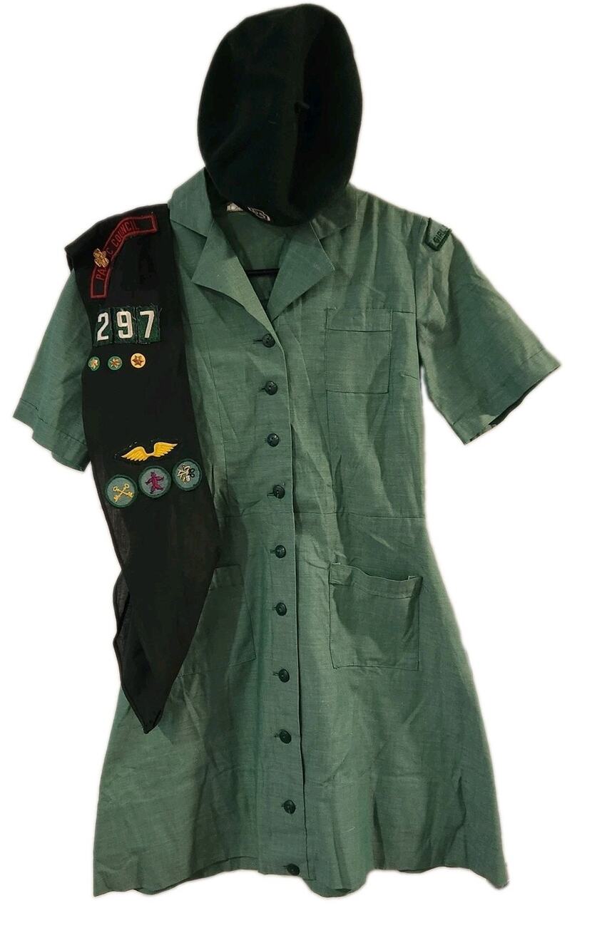 Vintage MCM 60s Girl Scouts USA Uniform Dress Sash Merit Badges w/ Beret sz 12